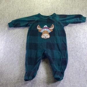 Place Kids Green and Black Plaid Zip-up One Piece with Moose Size 0-3 months